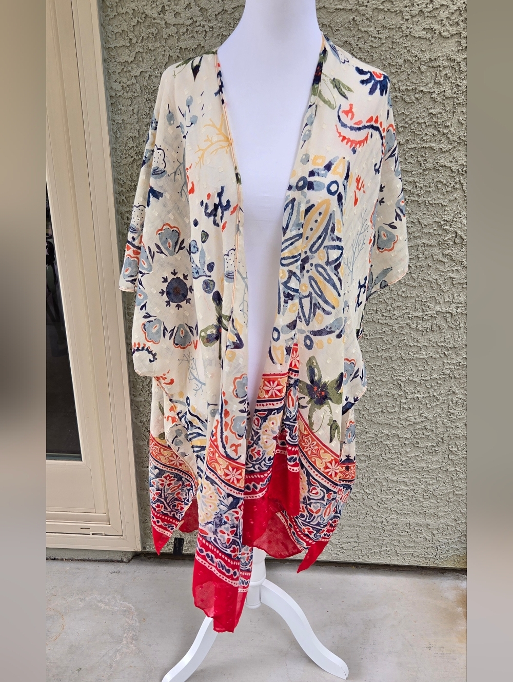Whitedove Boho Floral Open Kimono Cardigan in Cream & Red - Picture 1 of 8
